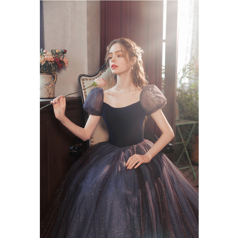 Blue Bubble Sleeve Wedding Dress Banquet Evening Dress Bride Toast Dress